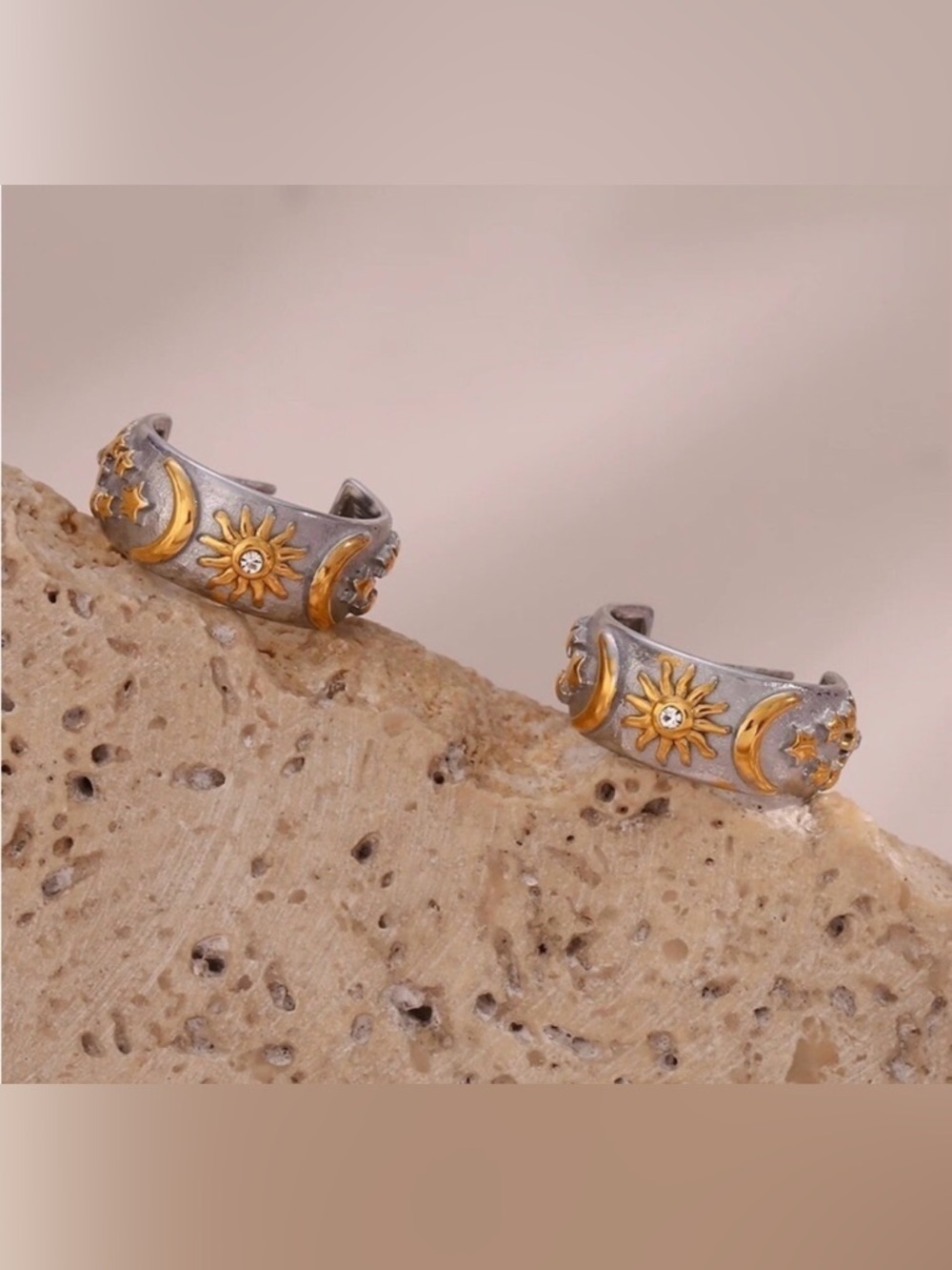 Thick Embossed Moon Sun Star Pattern Chunky Hoop Earrings Gold plated Waterproof